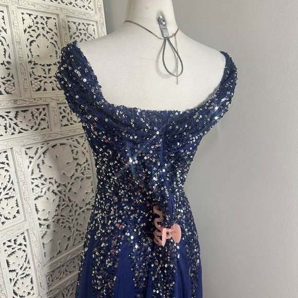 Goddiva London Navy Blue Off Shoulder Sequin Fairycore Formal Event Prom Dress - Picture 6 of 9